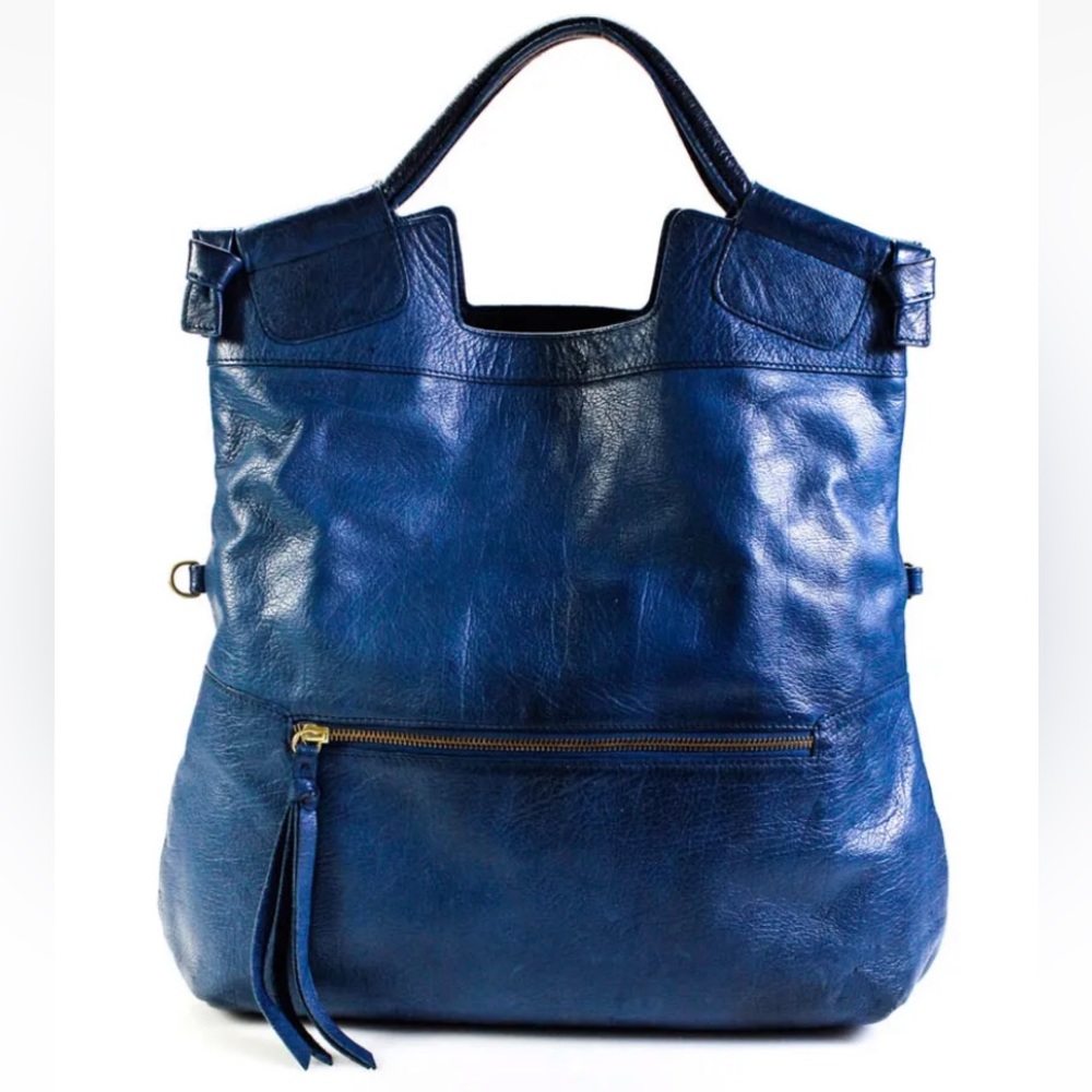 Foley+ Corinna flap foldable navy leather satchel bag